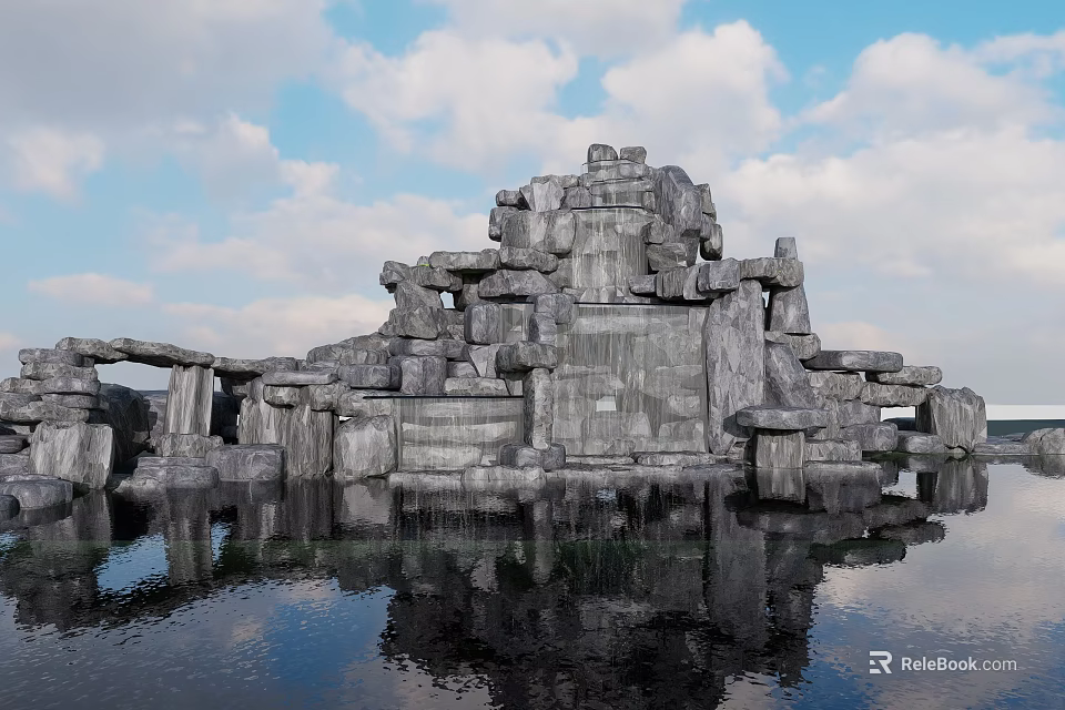 Garden Ornament Featuring Stone Rockery With Water Reflection In Blue Sky And White Clouds 3d model 