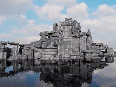 Garden Ornament Featuring Stone Rockery With Water Reflection In Blue Sky And White Clouds 3d model