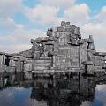 Garden Ornament Featuring Stone Rockery With Water Reflection In Blue Sky And White Clouds