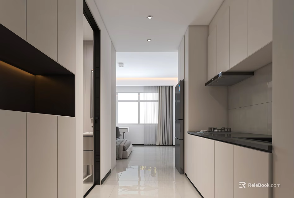 Modern Apartment With Open Kitchen Living Area White Cabinets Bright Interior Design 3d model 