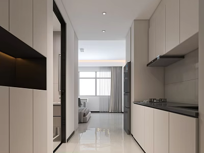 Modern Apartment With Open Kitchen Living Area White Cabinets Bright Interior Design 3d model