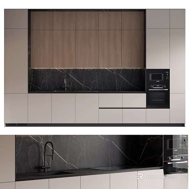 Modern Kitchen Interior With Light Cabinets And Black Marble Countertop 3d model