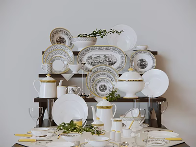 Luxury White Dinnerware Set With Gold Trim Plates Bowls Teapot And Cups 3d model