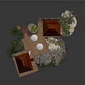Tropical Island Scene With Wooden House Palm Trees Deck And Round Table