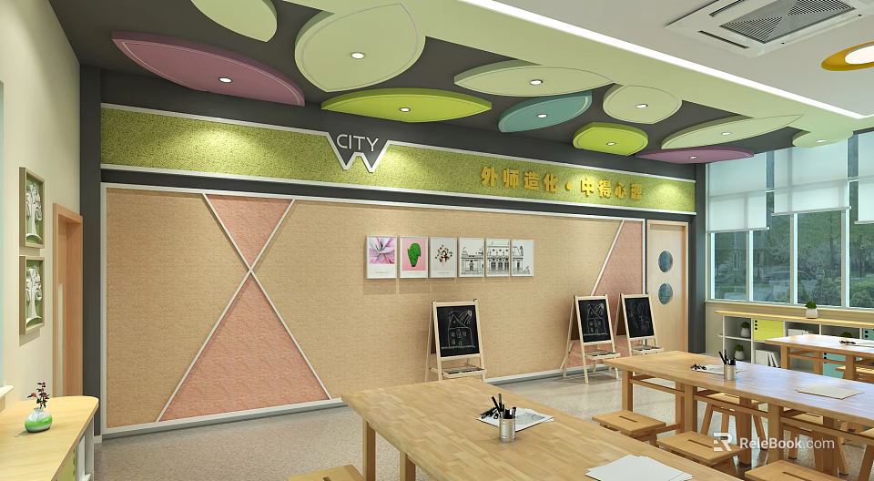School Cultural Display Wall With Decorative Panels Blackboards And Wooden Desks 3d model 