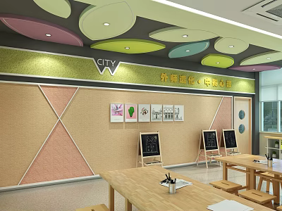 School Cultural Display Wall With Decorative Panels Blackboards And Wooden Desks 3d model