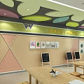 School Cultural Display Wall With Decorative Panels Blackboards And Wooden Desks