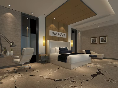Modern Hotel Room Interior With Large Bed White Chair And Wall Paintings 3d model