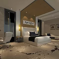 Modern Hotel Room Interior With Large Bed White Chair And Wall Paintings