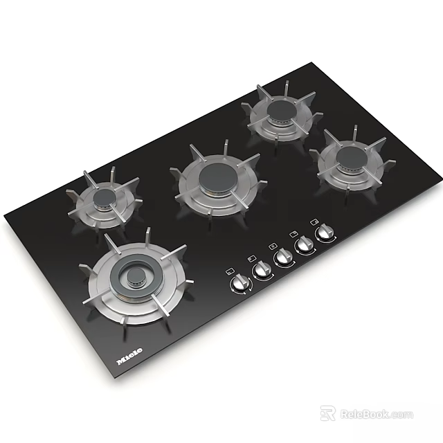 Modern Gas Stove With Black Glass Panel Five Burners And Control Knobs 3d model