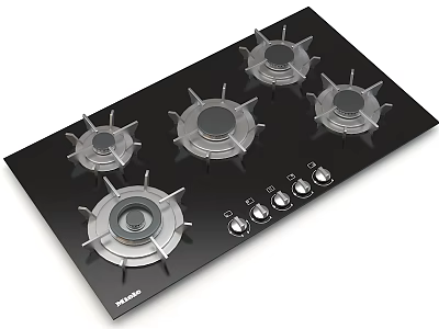 Modern Gas Stove With Black Glass Panel Five Burners And Control Knobs 3d model