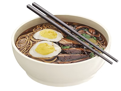 Savory Ramen Bowl With Two Fried Eggs Noodles And Chopsticks 3d model