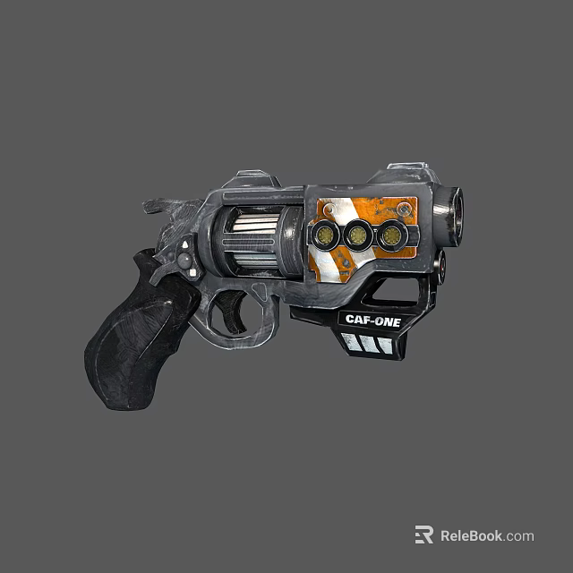 Detailed CAS-ONE Revolver Featuring Black Grip And Orange White Pattern 3d model