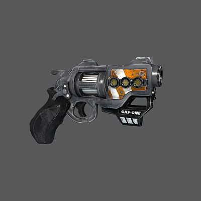 Detailed CAS-ONE Revolver Featuring Black Grip And Orange White Pattern 3d model