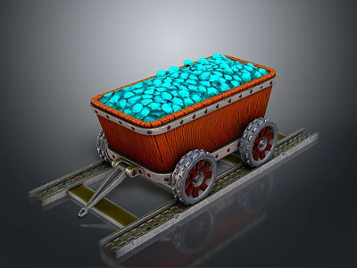 Red Mine Cart Loaded With Blue Glowing Stones On Metal Tracks 3d model