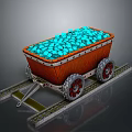 Red Mine Cart Loaded With Blue Glowing Stones On Metal Tracks
