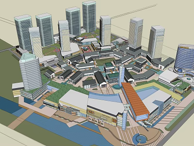 Modern Commercial Street Landscape Design With High rise Buildings Plaza Pedestrian Areas And Green Spaces 3d model