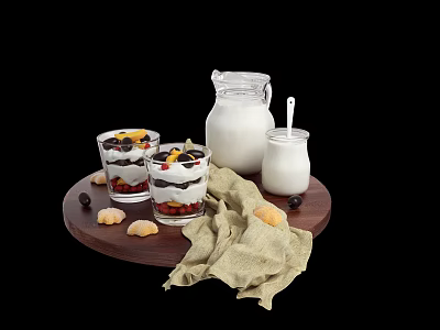 Fresh Layered Yogurt Parfaits With Fruits Granola And Milk Jar On Wooden Tray 3d model