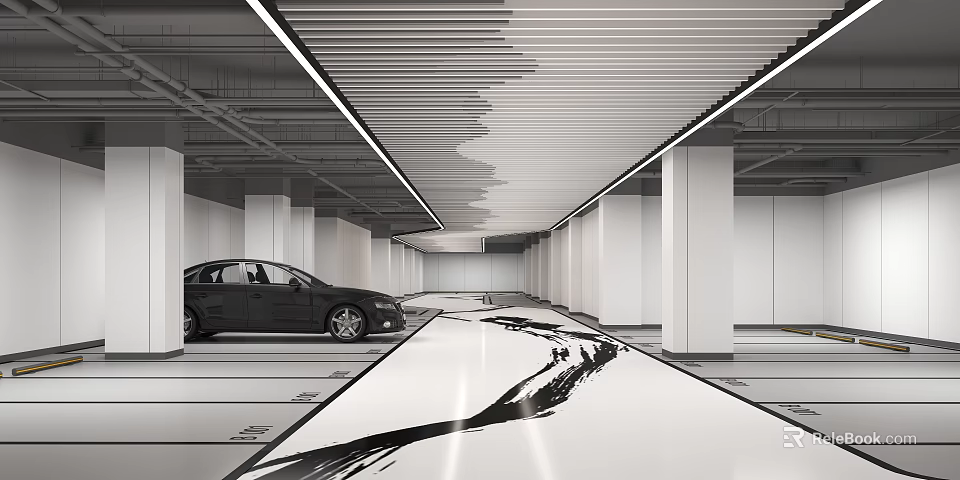 Modern Indoor Parking Garage With Striped Ceiling Lighting Black Car And Floor Pattern 3d model 