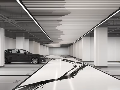 Modern Indoor Parking Garage With Striped Ceiling Lighting Black Car And Floor Pattern 3d model