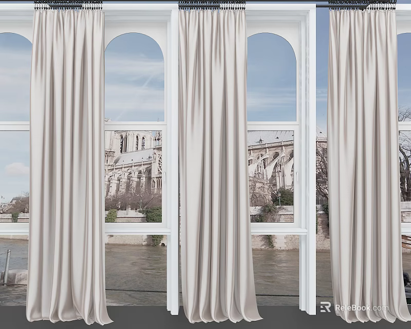 Elegant Beige Curtains For Window With Scenic Building And River View 3d model 