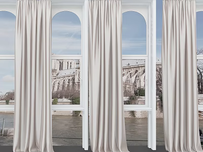 Elegant Beige Curtains For Window With Scenic Building And River View 3d model