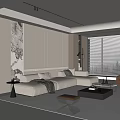 Modern Living Room Interior Design With Beige Sofa Coffee Table And Large Window Blinds