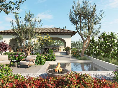 Serene Courtyard Garden With Covered Patio Olive Trees Outdoor Seating Fire Pit And Water Feature 3d model