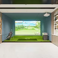 Indoor Golf Practice Room With Large Screen Green Turf And Golf Clubs Trophies On Shelves