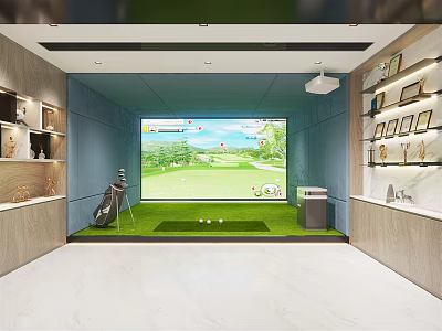 Indoor Golf Practice Room With Large Screen Green Turf And Golf Clubs Trophies On Shelves 3d model