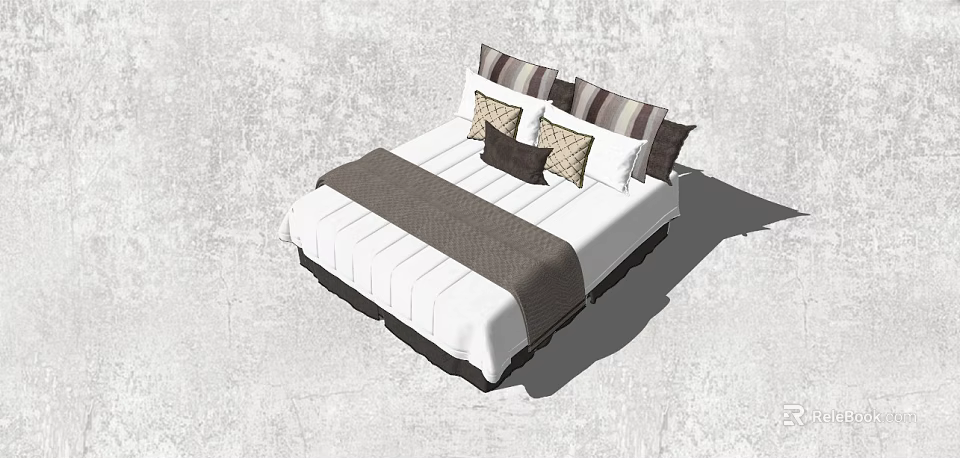 Double Bed With Multiple Striped Pillows White Bedspread Dark Blanket Simple Background 3d model