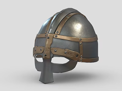 Detailed Medieval Metal Helmet Featuring Brass Straps And Riveted Design 3d model