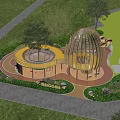 Kids Play Area With Wooden Dome Structure Circular Platform And Green Lawn Surrounded By Trees