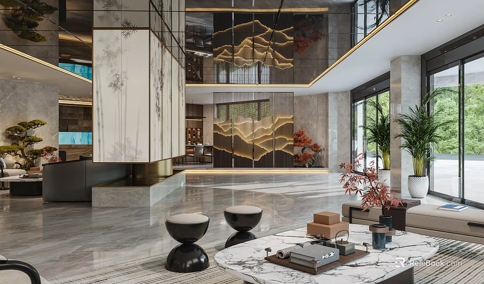 Modern Hotel Lobby Interior Design With Marble Floor Decorative Screens And Green Plants 3d model 