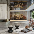Modern Hotel Lobby Interior Design With Marble Floor Decorative Screens And Green Plants