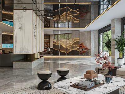 Modern Hotel Lobby Interior Design With Marble Floor Decorative Screens And Green Plants 3d model