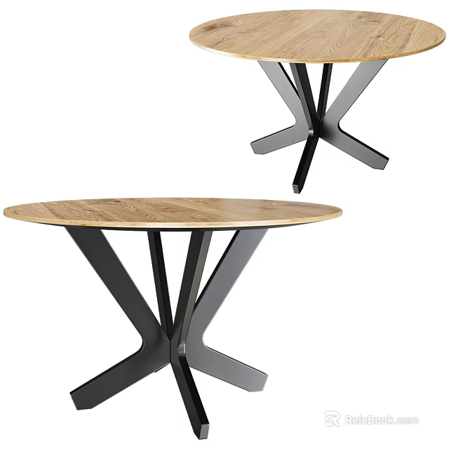 Two Round Dining Tables With Wooden Top And Black Metal Crossed Legs Design 3d model 