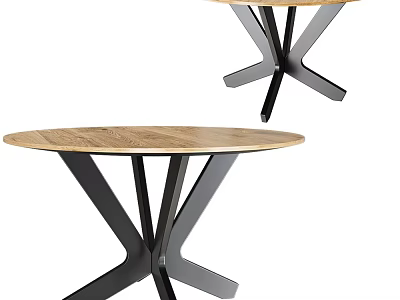 Two Round Dining Tables With Wooden Top And Black Metal Crossed Legs Design 3d model