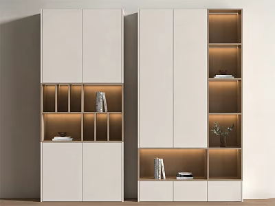 Modern Storage Cabinets With Wooden Shelves And Built in Lighting For Home Decor 3d model