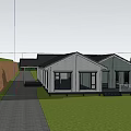 Modern Wooden House Exterior With Large Windows Green Lawn Driveway And Trees