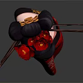 Traditional Japanese Woman In Red Kimono With Black Hair And Red Flower Hairpins