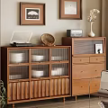 Modern Wooden Bookcase With Glass Doors And Decorative Vases In Living Room