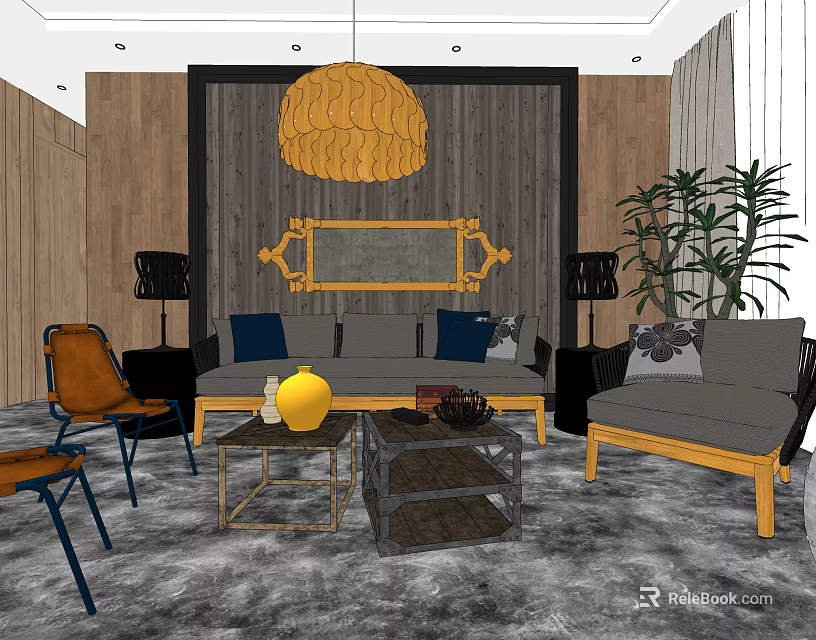 Modern Sofa And Coffee Table Combination With Blue Cushions Wooden Wall Pendant Light Potted Plants 3d model 
