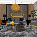 Modern Sofa And Coffee Table Combination With Blue Cushions Wooden Wall Pendant Light Potted Plants