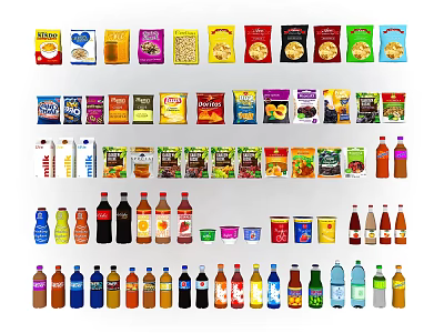 Assorted Packaged Food with Various Snacks Beverages and Products 3d model