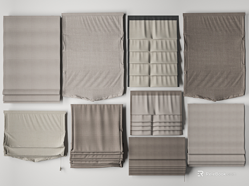 Elegant Roman Blinds in Multiple Neutral Shades Featuring Classic and Modern Fold Designs 3d model 
