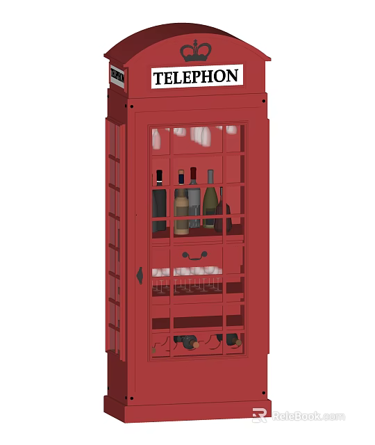 Red Phone Booth Inspired Wine Cabinet With Wine Bottles And Glasses Storage 3d model 