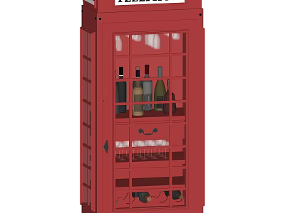 Red Phone Booth Inspired Wine Cabinet With Wine Bottles And Glasses Storage 3d model
