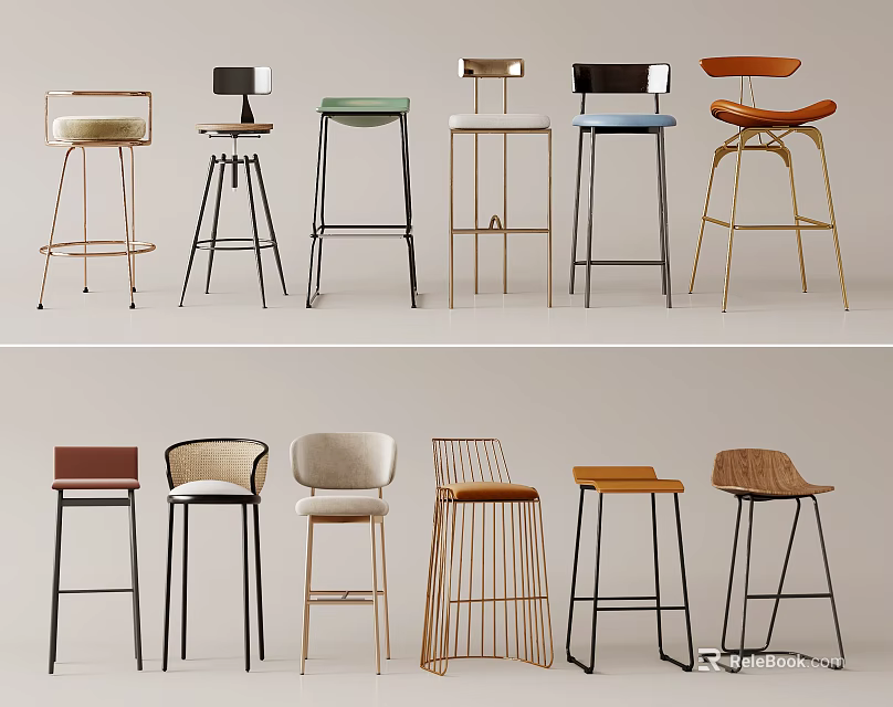 Stylish Bar Stools With Various Designs Different Colors And Metal Frames 3d model 