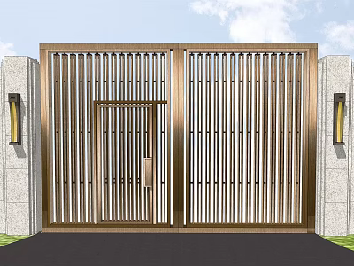 Modern Luxury Golden Vertical Bar Gate With Wall Lamps And Stone Walls 3d model